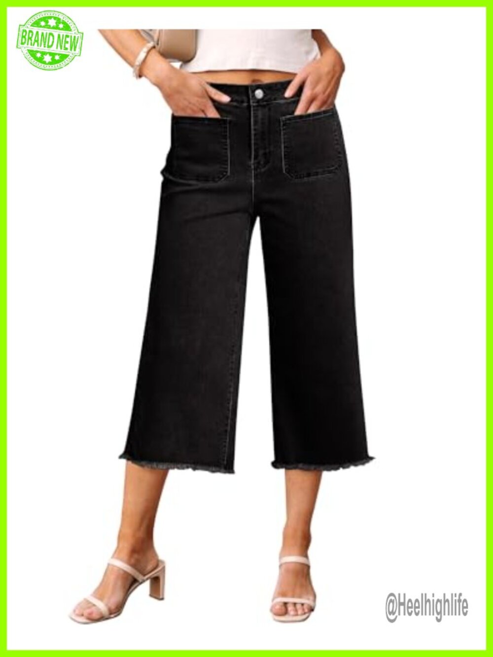 Women's High Rise Wide Leg Cropped Capri Jeans Stretch Denim